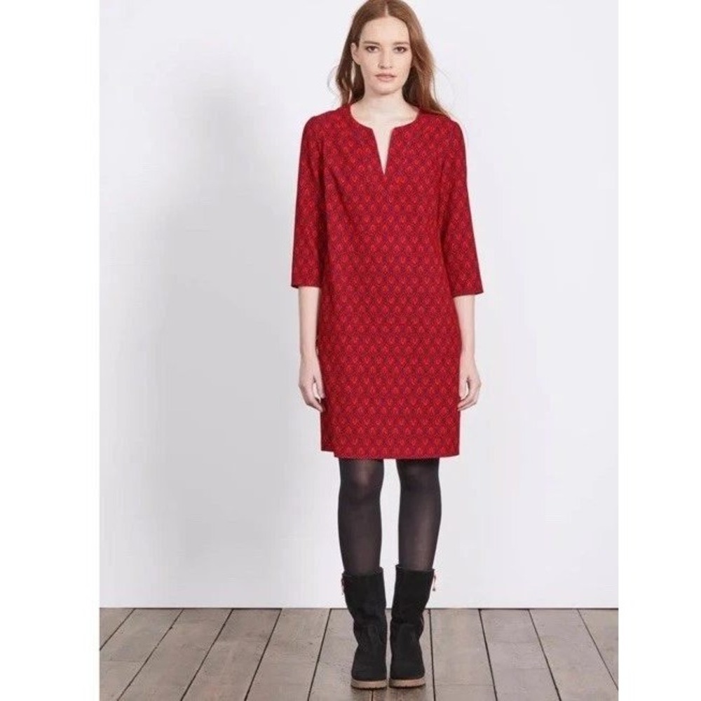 Boden Women's Red Leaf Print Notch Neck 3/4 Sleeve Casual Tunic‎ Dress Size 8 L